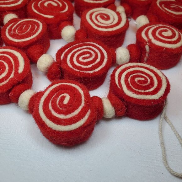 6 Foot Peppermint Swirl Candy Garland Felted Wool Red White Holiday Christmas - Picture 4 of 6